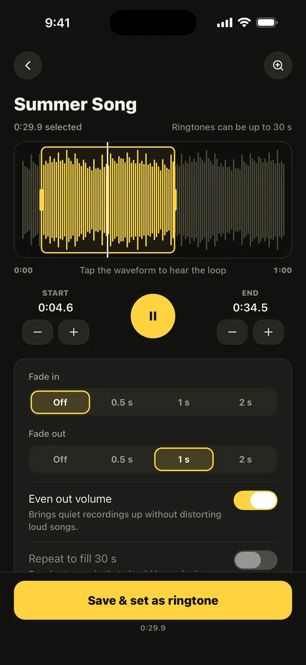 Ringsy waveform editor trimming a song