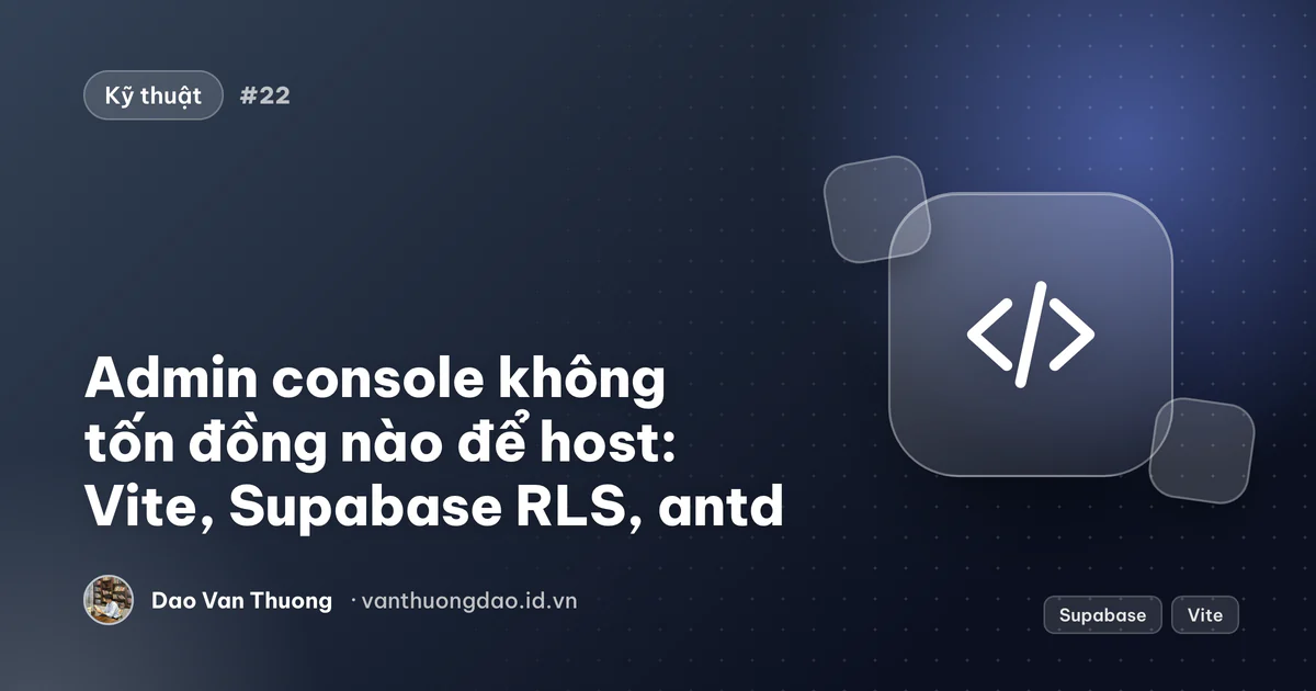 Ảnh bìa: một admin SPA tĩnh trên Vercel đọc dữ liệu từ Supabase, row level security của Postgres là cổng duy nhất