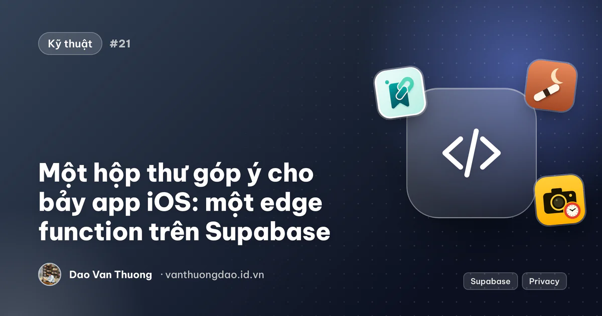Ảnh bìa: bảy app iOS gửi góp ý vào một edge function Supabase và một chat Telegram