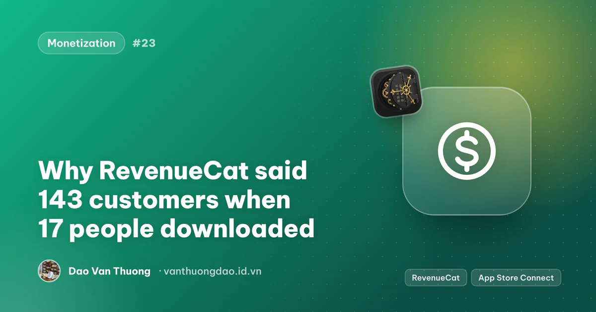 Cover: a RevenueCat dashboard showing 143 customers next to App Store Connect showing 17 downloads