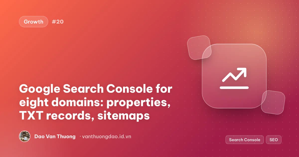 Cover: one Google Search Console account holding domain properties for eight sites