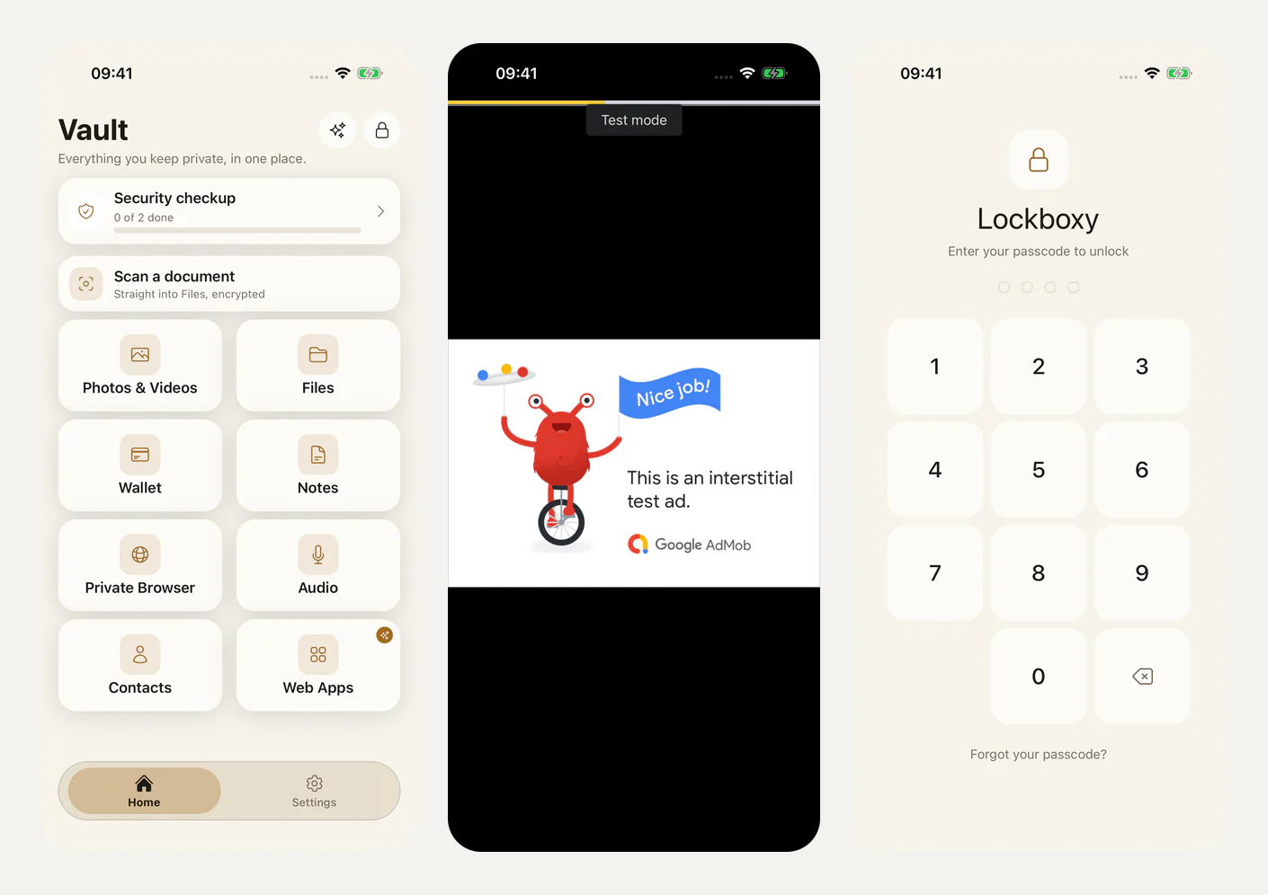 Kho chính, interstitial test sau khi bấm Khoá ngay, rồi màn hình khoá