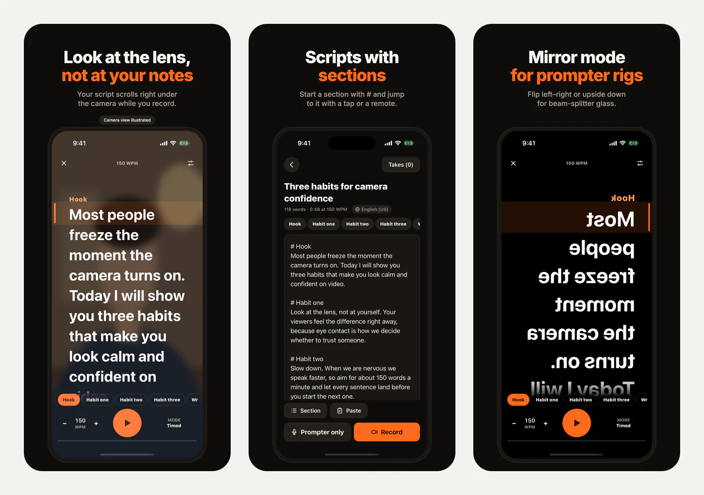Ba screenshot App Store của Talkzy: màn nhắc chữ trên nền camera minh hoạ, trình soạn kịch bản có các section, và chế độ gương với chữ bị lật