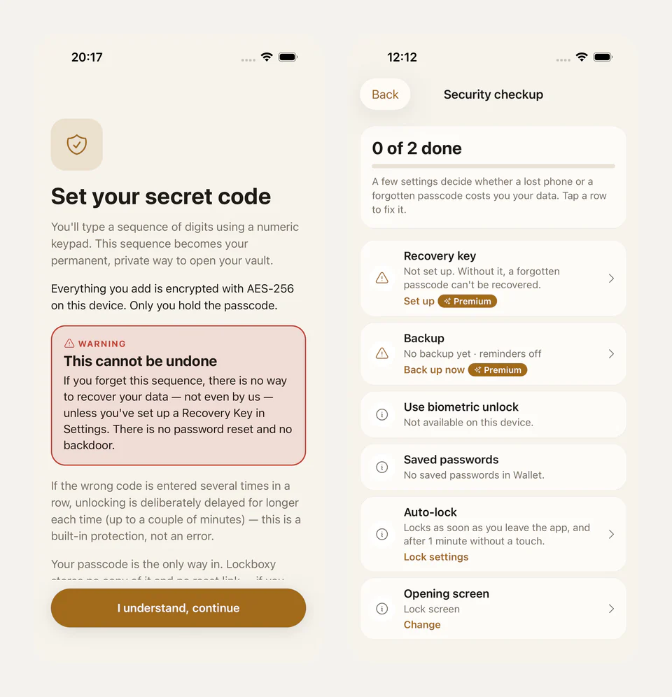 Setup screen warning that a forgotten passcode cannot be recovered, and the Security checkup screen