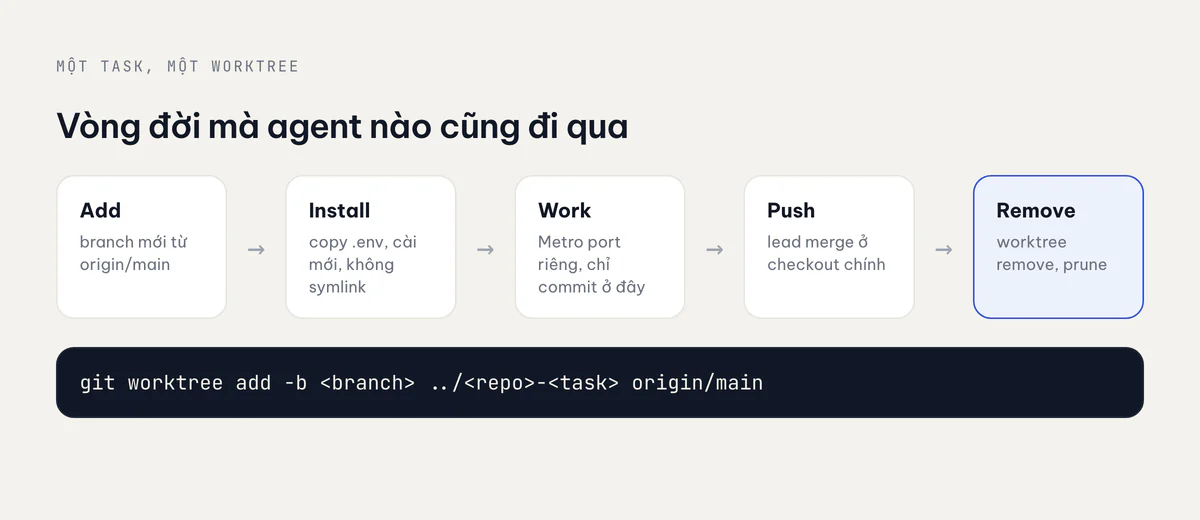 Vòng đời worktree từ add đến remove