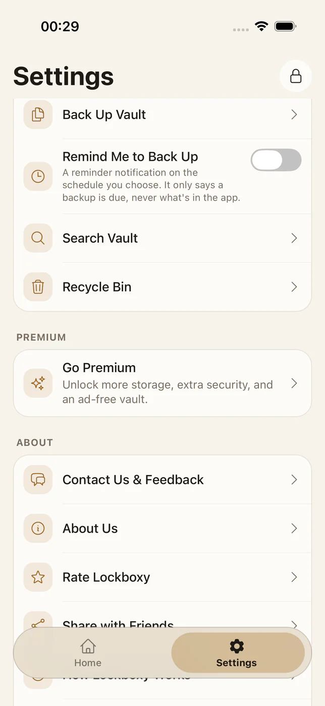 Lockboxy Settings with the Premium card still reading Go Premium