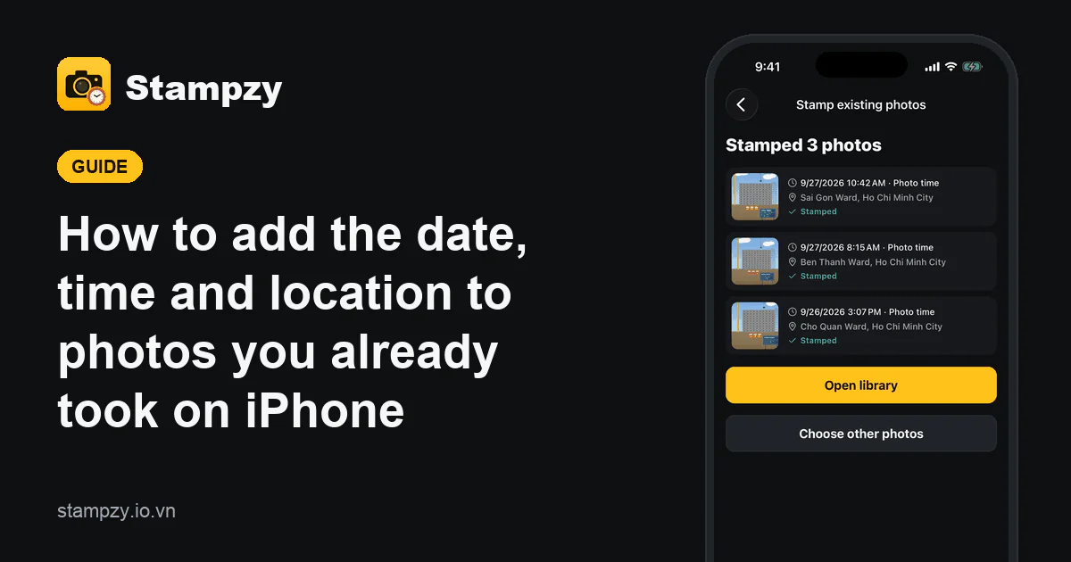 The share card of a Stampzy guide: the title on the left and the app's stamp-existing-photos screen on the right