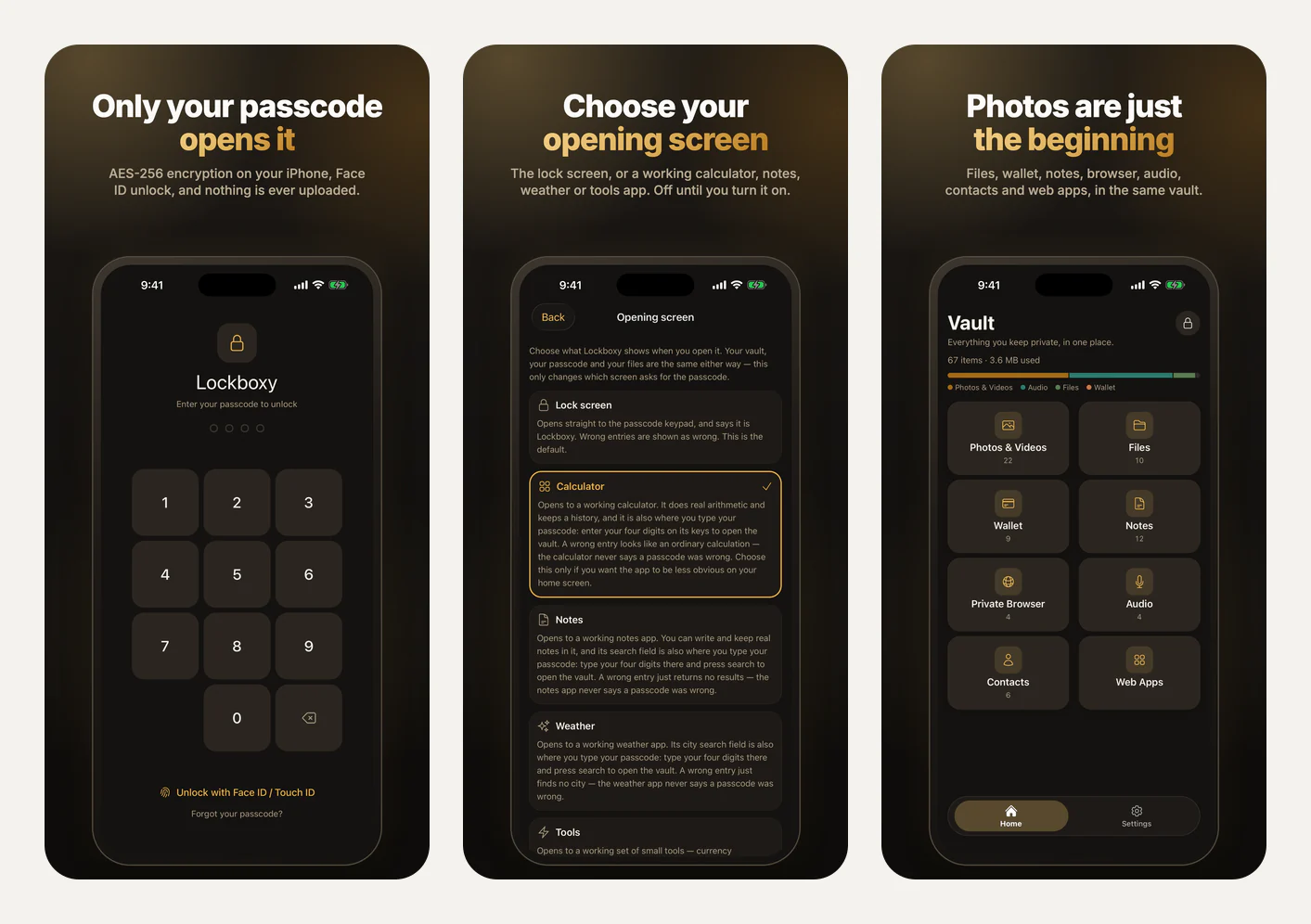 Three App Store frames: the lock screen, the Opening screen picker with its explanations, and the vault home